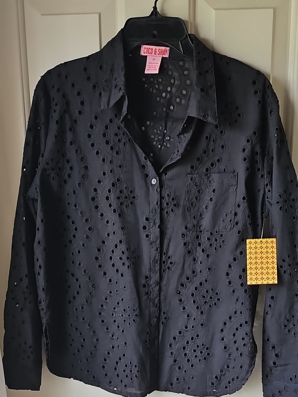 Black Eyelet Button-Down 100% Cotton Shirt